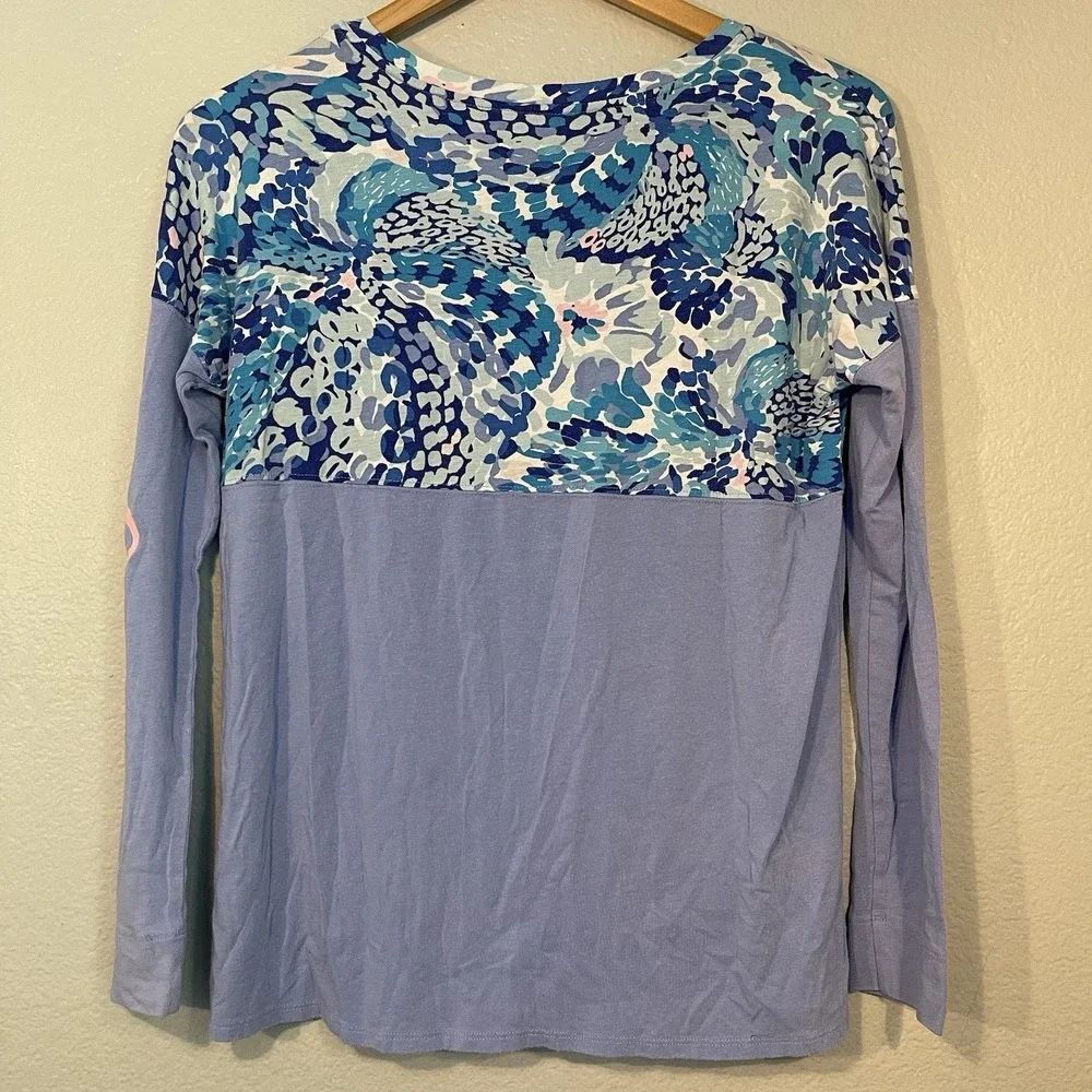 Lilly Pulitzer XS Long Sleeve Shirt Purple Floral Color Block Graphic Sleeve - Picture 7 of 9